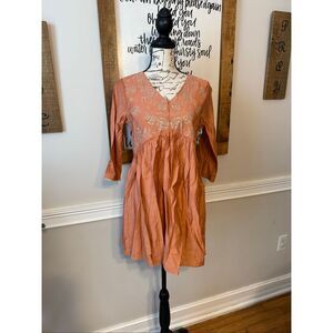 Rangmanch Women's Embroidered Sequin 3/4 Sleeve A-line Short Kurti  Peach Small